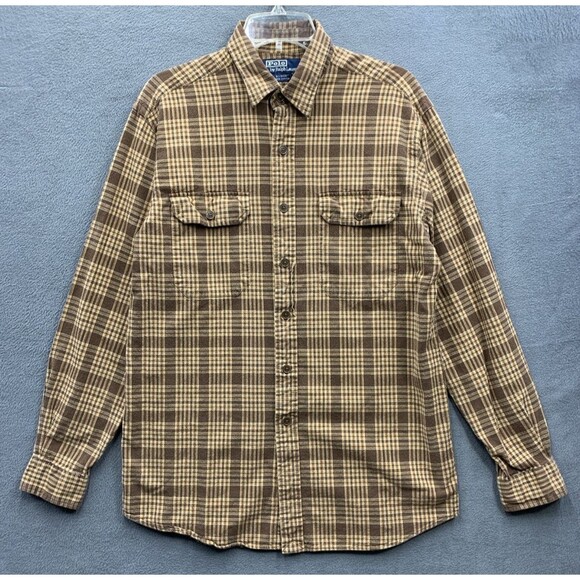VTG Polo Ralph Lauren Mens Seersucker G.I. Shirt Brown Plaid Button Front Medium - Picture 1 of 12
